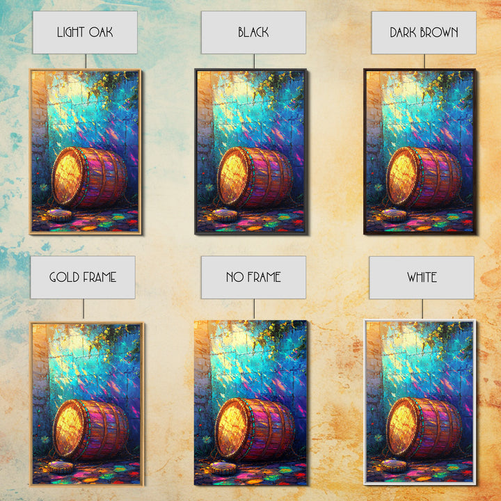 Sunlit Wooden Barrel Against Turquoise Wall Canvas Print, Rustic Kitchen Wall Art, Farmhouse Decor, Colorful Courtyard Print