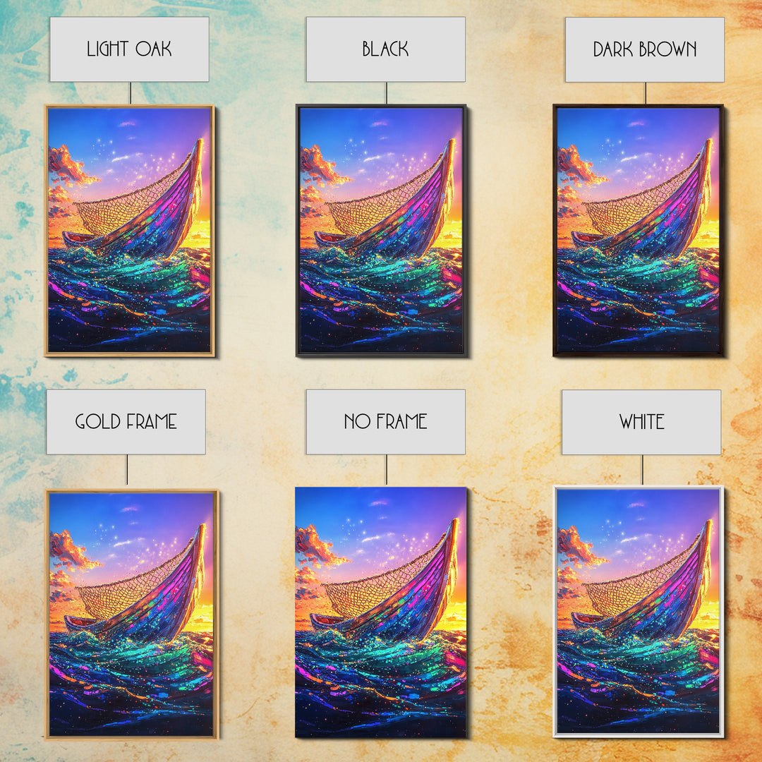 Glowing Fishing Boat At Sunset Framed Canvas Print, Ocean Wall Art, Coastal Decor, Nautical Seascape, Beach House Living Room Decor Gift