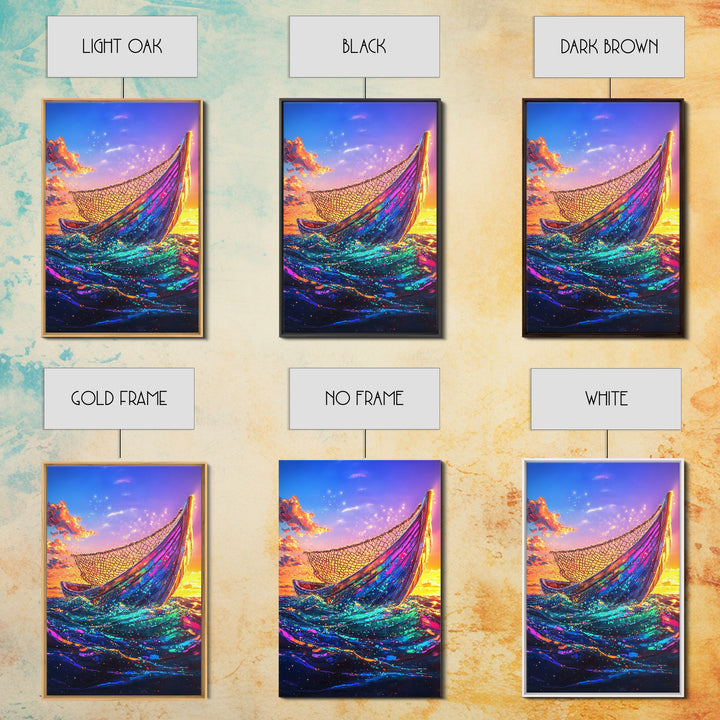 Glowing Fishing Boat At Sunset Framed Canvas Print, Ocean Wall Art, Coastal Decor, Nautical Seascape, Beach House Living Room Decor Gift