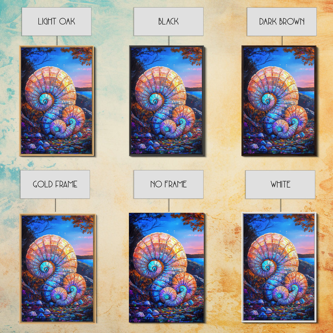 Glowing Nautilus Shells By Twilight Lake Framed Canvas Print, Coastal Wall Art, Seashell Decor, Beach House Gift, Ocean Wall Decor