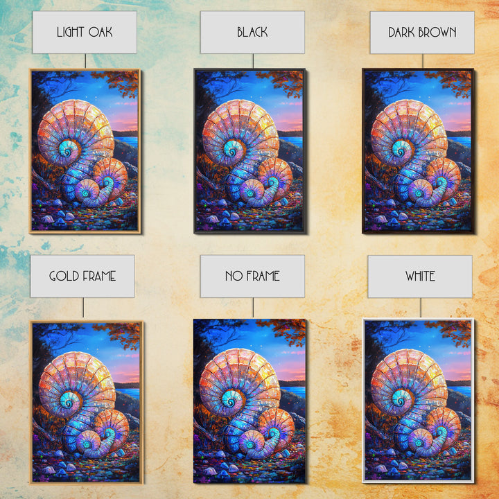 Glowing Nautilus Shells By Twilight Lake Framed Canvas Print, Coastal Wall Art, Seashell Decor, Beach House Gift, Ocean Wall Decor