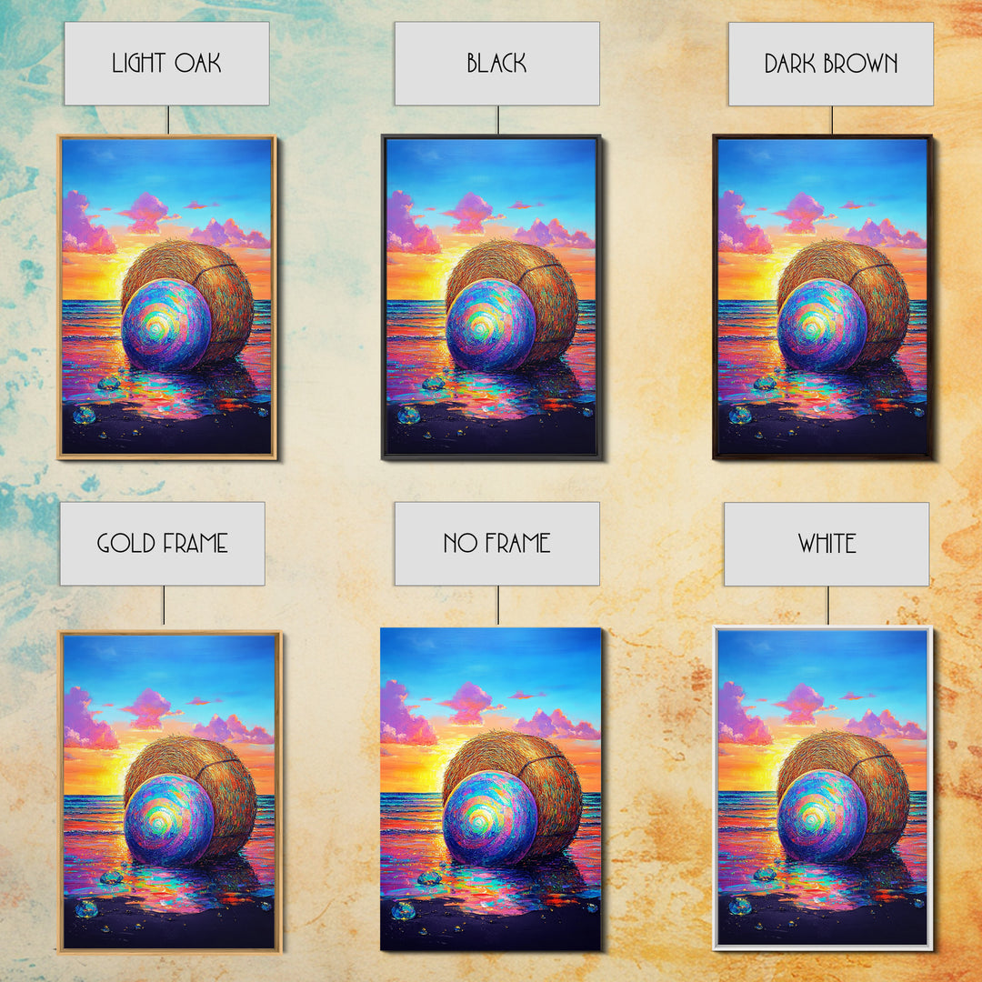 Rainbow Shell And Hay Bale On Beach Canvas Print, Coastal Wall Art, Ocean Sunset Seascape Decor, Beach House Home Decor Gift