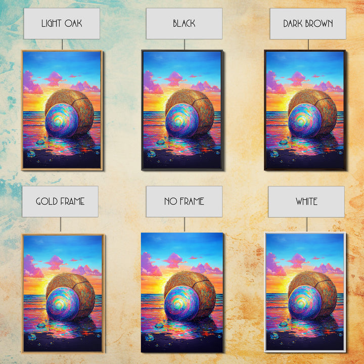 Rainbow Shell And Hay Bale On Beach Canvas Print, Coastal Wall Art, Ocean Sunset Seascape Decor, Beach House Home Decor Gift