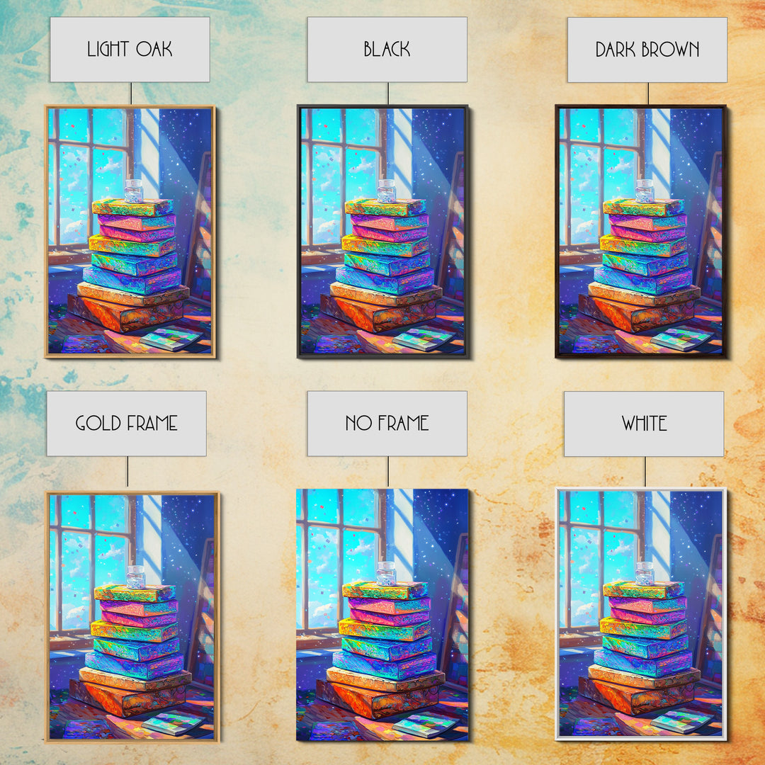 Rainbow Stack Of Books By Sunny Window Canvas Print, Cozy Bookstore Wall Art For Library Decor And Reading Nook Home Decor Gift