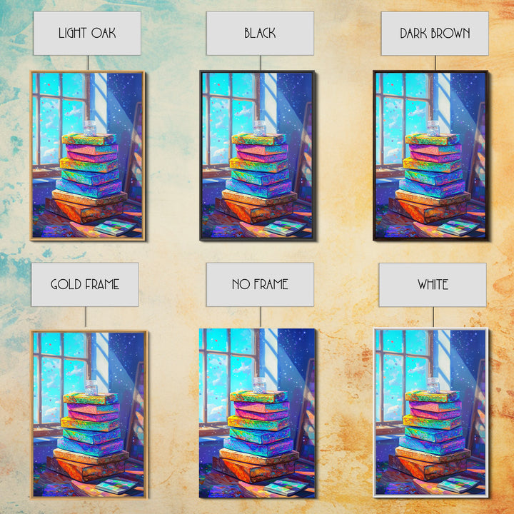 Rainbow Stack Of Books By Sunny Window Canvas Print, Cozy Bookstore Wall Art For Library Decor And Reading Nook Home Decor Gift