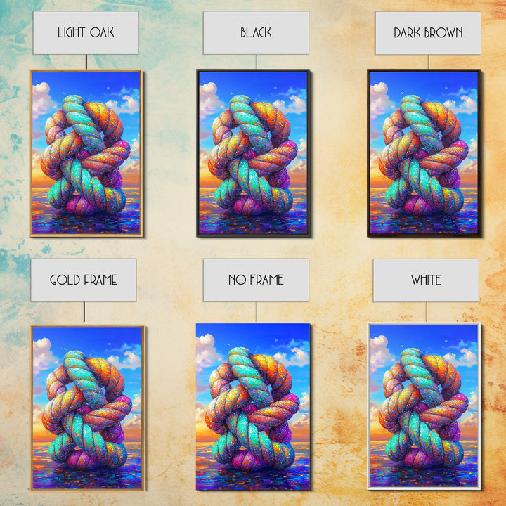 Rainbow Twisted Knot Sculpture In Ocean Framed Canvas Print, Colorful Abstract Art, Modern Wall Art, Statement Home Decor