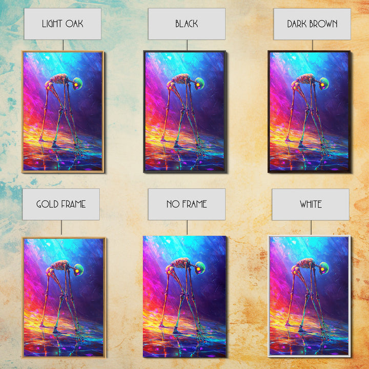 Neon Rainbow Skeleton Walker Framed Canvas Print, Surreal Dark Art, Gothic Wall Decor, Dystopian Sci Fi Artwork Gift For Him