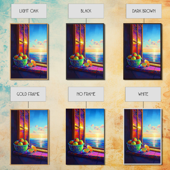 Sunlit Oranges By Ocean Window Canvas Print, Coastal Kitchen Wall Art, Beach House Decor, Vibrant Fruit Still Life Gift For Her