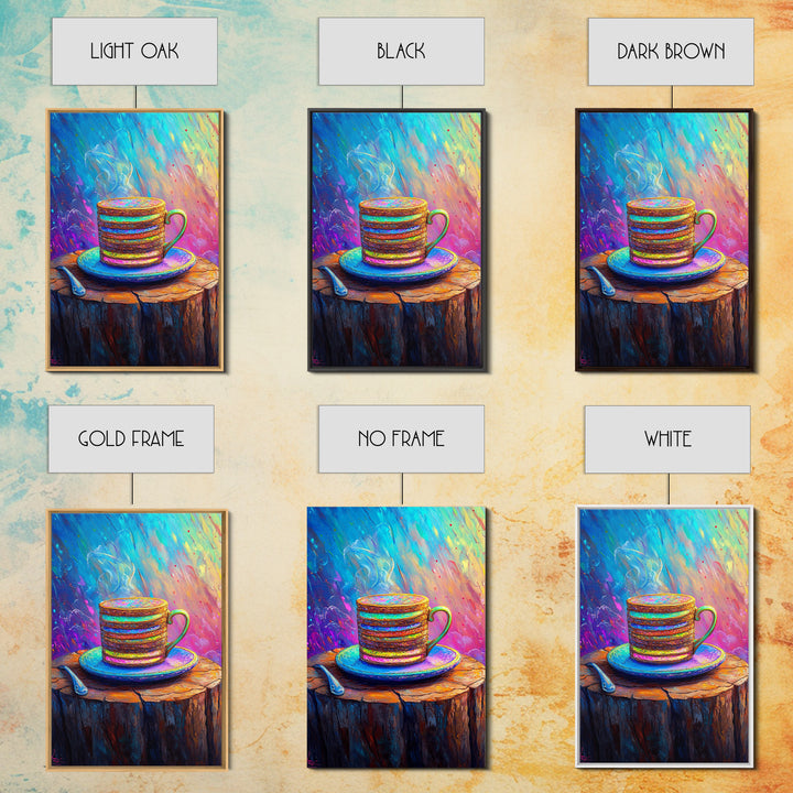 Steaming Rainbow Coffee Cup On Rustic Stump Canvas Print, Cozy Kitchen Wall Art, Coffee Bar Decor, Gift For Coffee Lover