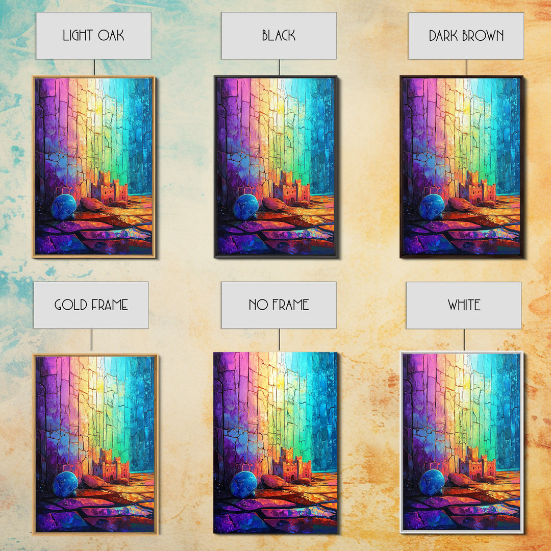 Tiny Castle And Blue Ball In Rainbow Light Framed Canvas Print, Abstract Wall Art, Colorful Decor, Whimsical Fantasy Gift