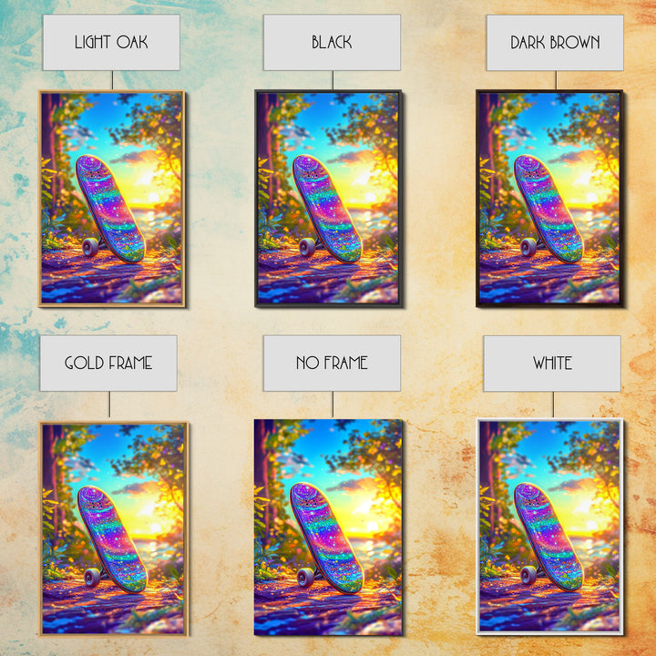 Rainbow Glitter Skateboard At Golden Sunset Wall Art, Canvas Print, Colorful Teen Room Decor, Skateboard Poster, Unique Gift