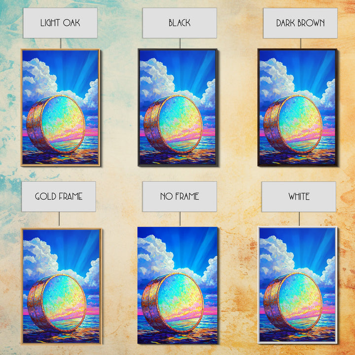 Iridescent Ocean Drum Under Blue Sky Canvas Print, Coastal Wall Art, Music Room Decor, Seascape Art Print, Colorful Gift