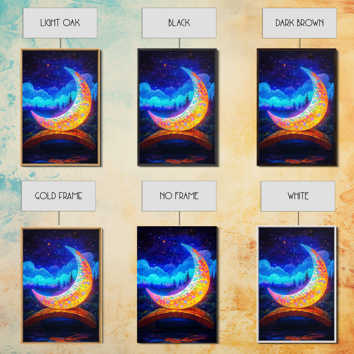 Glowing Crescent Moon Bridge Wall Art, Celestial Canvas Print, Fantasy Nursery Decor, Whimsical Night Sky Art Gift For Kids Room