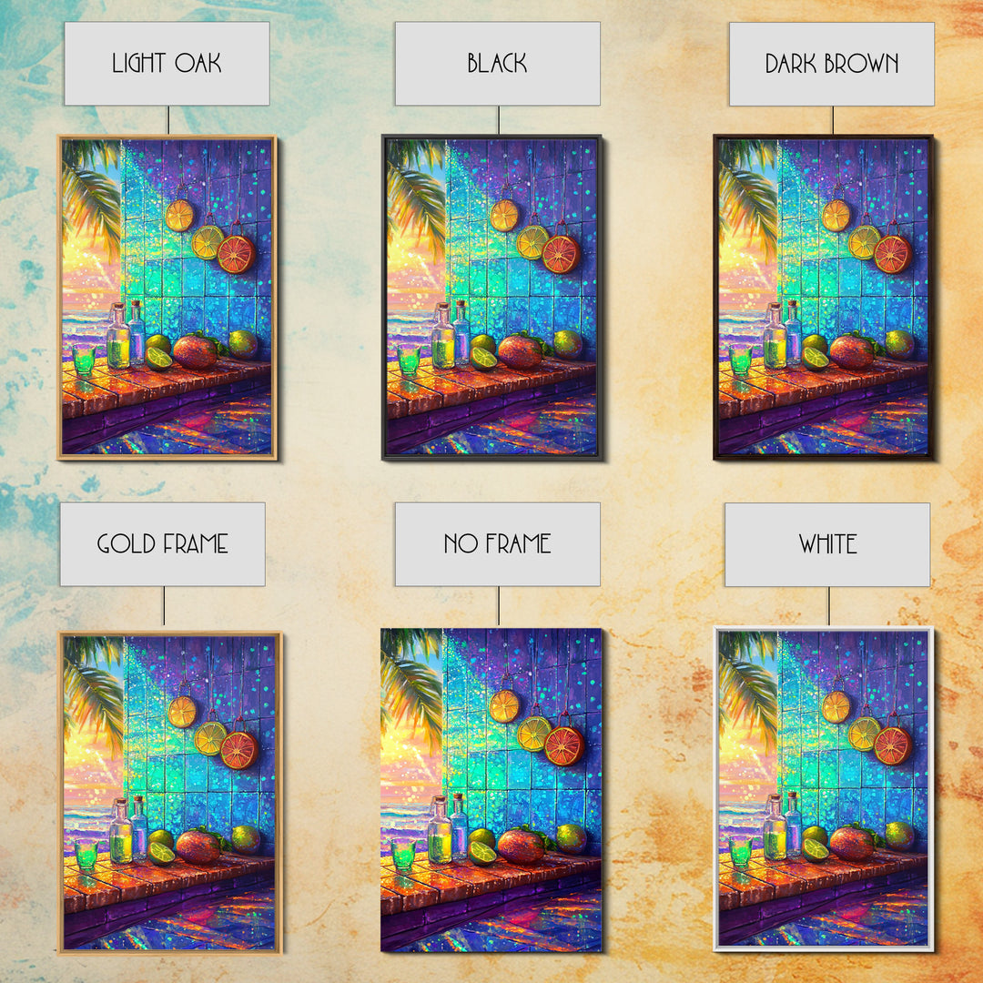 Tropical Citrus Window Still Life Framed Canvas Print, Coastal Kitchen Wall Art, Beach House Decor, Colorful Bar Art Poster