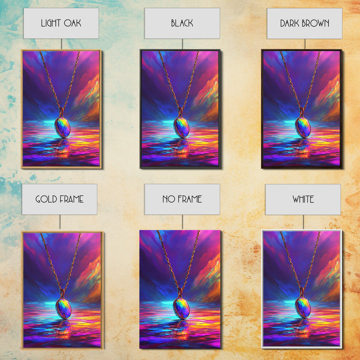 Rainbow Pendant Necklace Over Sunset Sea Framed Canvas Print, Colorful Wall Art, Jewelry Lover Gift, Romantic Ocean Decor