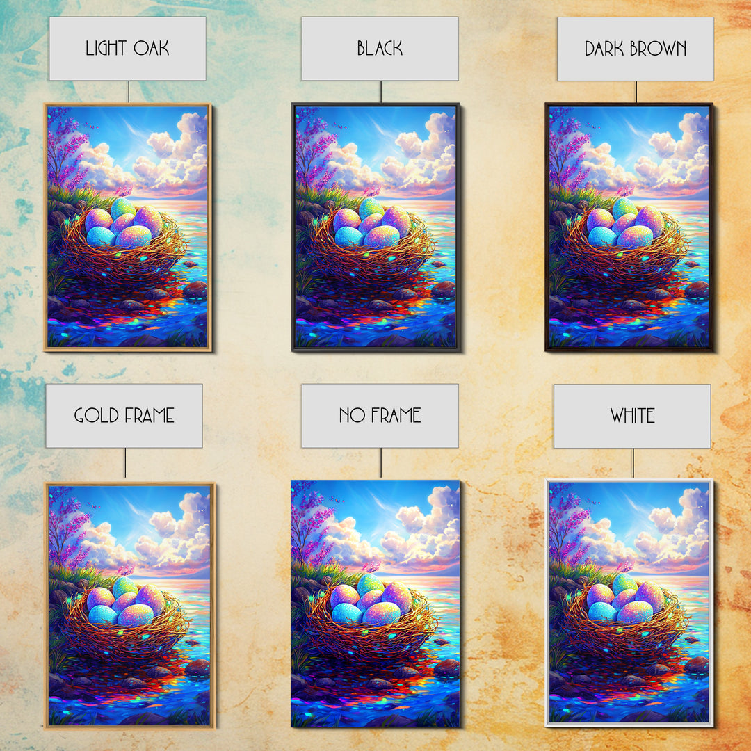 Pastel Eggs In Seaside Nest Wall Art, Colorful Coastal Canvas Print, Easter Nursery Decor, Whimsical Housewarming Gift