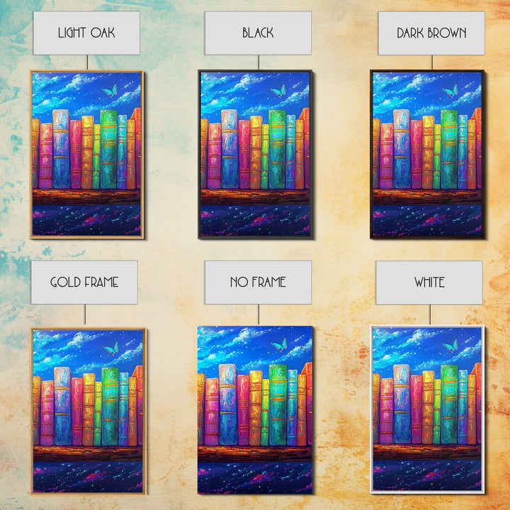 Rainbow Books Under Starry Sky Wall Art, Colorful Library Canvas Print, Book Lover Gift, Reading Nook Home Office Decor Print