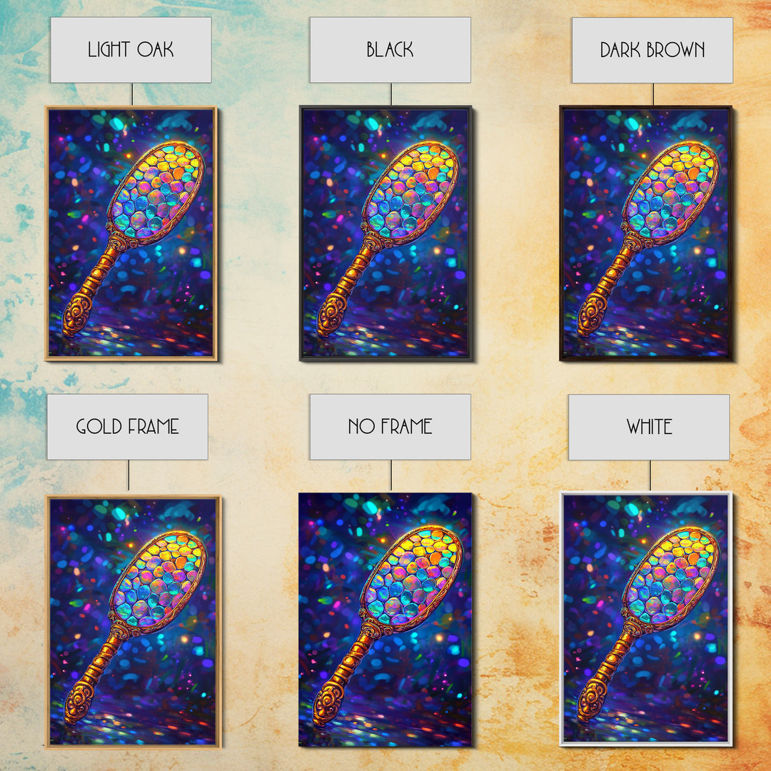 Iridescent Hand Mirror Wall Art, Rainbow Glass Painting, Maximalist Bathroom Decor, Dopamine Decor, Framed Canvas Print, Gift