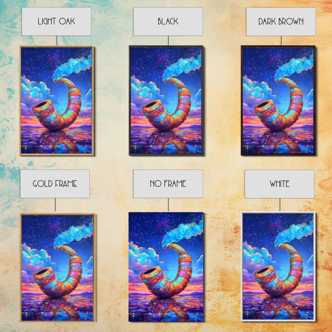 Cosmic Rainbow Smoking Pipe Framed Canvas Print, Surreal Wall Art, Psychedelic Space Decor, Colorful Statement Wall Art