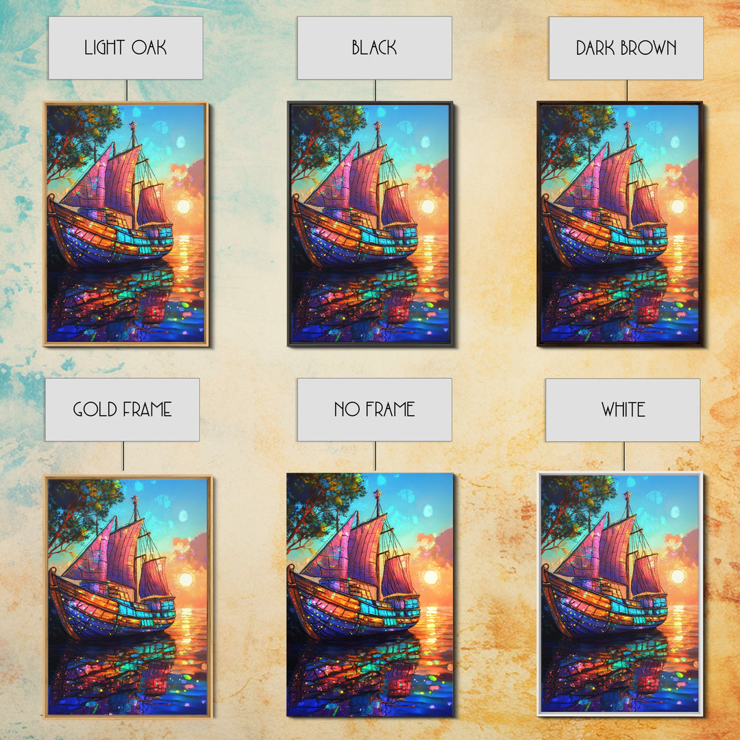 Stained Glass Sailboat At Sunset Canvas Print, Coastal Wall Art, Nautical Decor, Ocean Seascape Living Room Wall Art, Beach House Decor