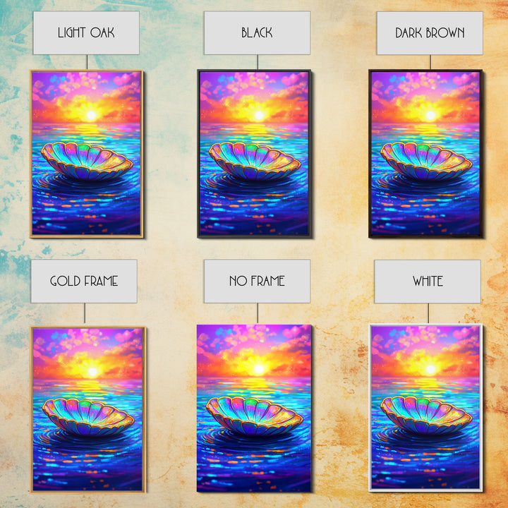 Iridescent Shell Bowl At Ocean Sunset Wall Art, Coastal Decor, Beach House Art, Colorful Seascape Canvas Print, Living Room Wall Art