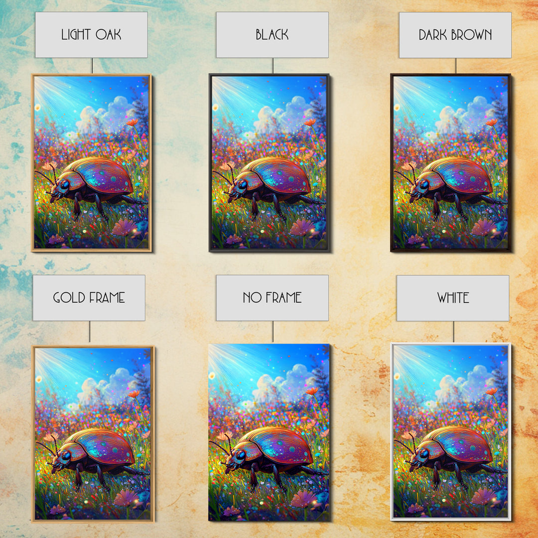 Rainbow Ladybug In Sunlit Wildflower Meadow Canvas Print, Whimsical Animal Art, Nature Wall Art, Bright Colorful Nursery Decor
