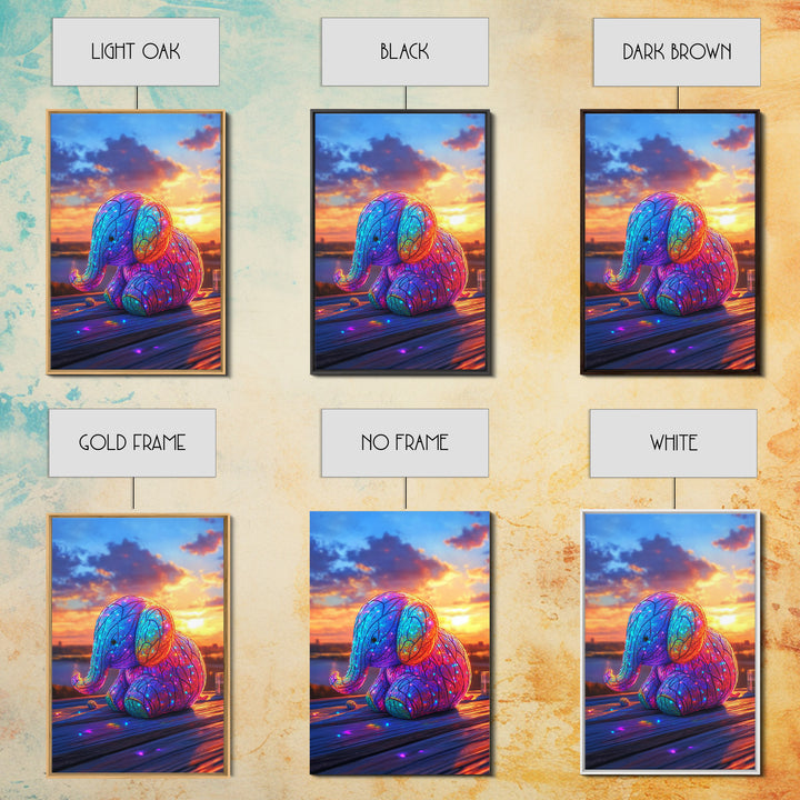 Glowing Rainbow Baby Elephant At Sunset Wall Art, Whimsical Animal Art, Nursery Wall Art, Colorful Kids Room Decor Cute Gift