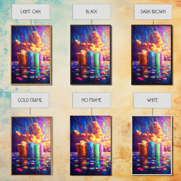 Glowing Crypto Coin Stacks Under Cosmic Sky Canvas Print, Bitcoin Art, Neon Wall Art, Gamer Room Decor, Gift For Him, Modern Art