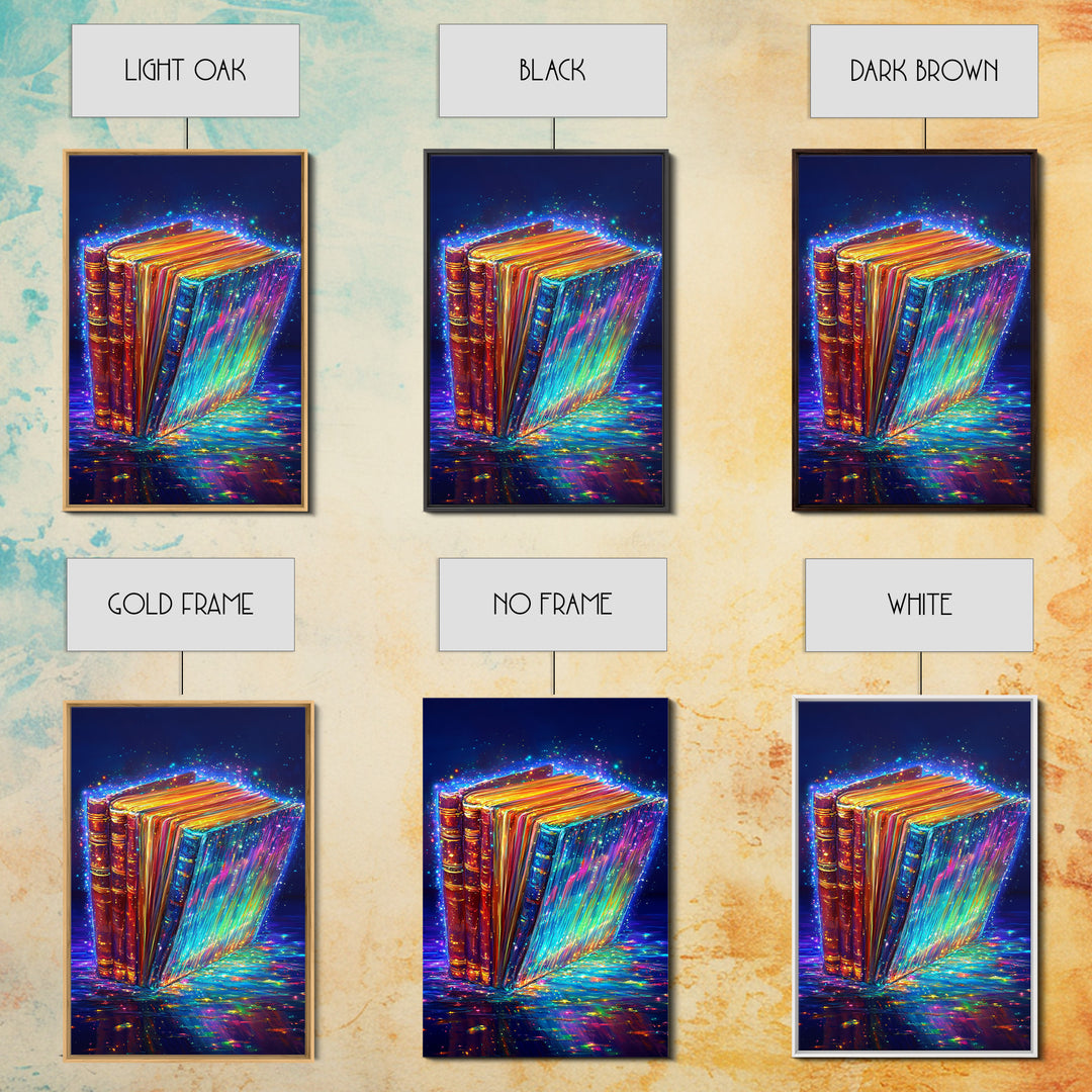 Glowing Rainbow Books With Sparkling Magic Wall Art, Library Decor, Book Lover Gift, Dark Academia, Fantasy Art Print, Home Decor