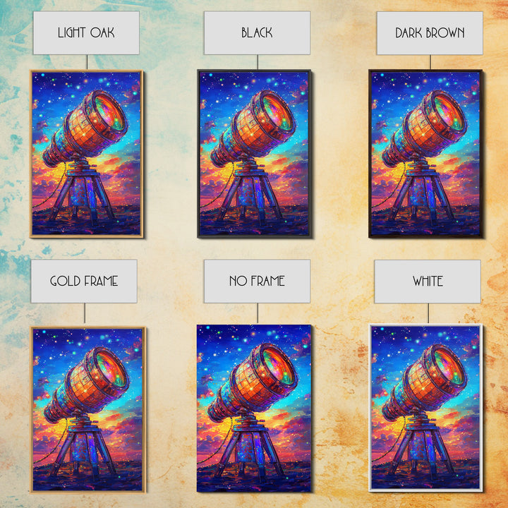 Rainbow Telescope Under Starry Sunset Sky Canvas Print, Astronomy Wall Art, Space Decor, Celestial Art, Gift For Him, Sci Fi Art
