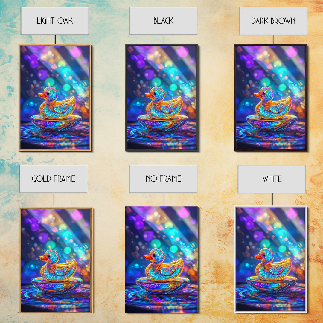 Glowing Rainbow Rubber Duck Canvas Print, Whimsical Animal Wall Art, Cute Bathroom Decor For Kids Room And Nursery Gift