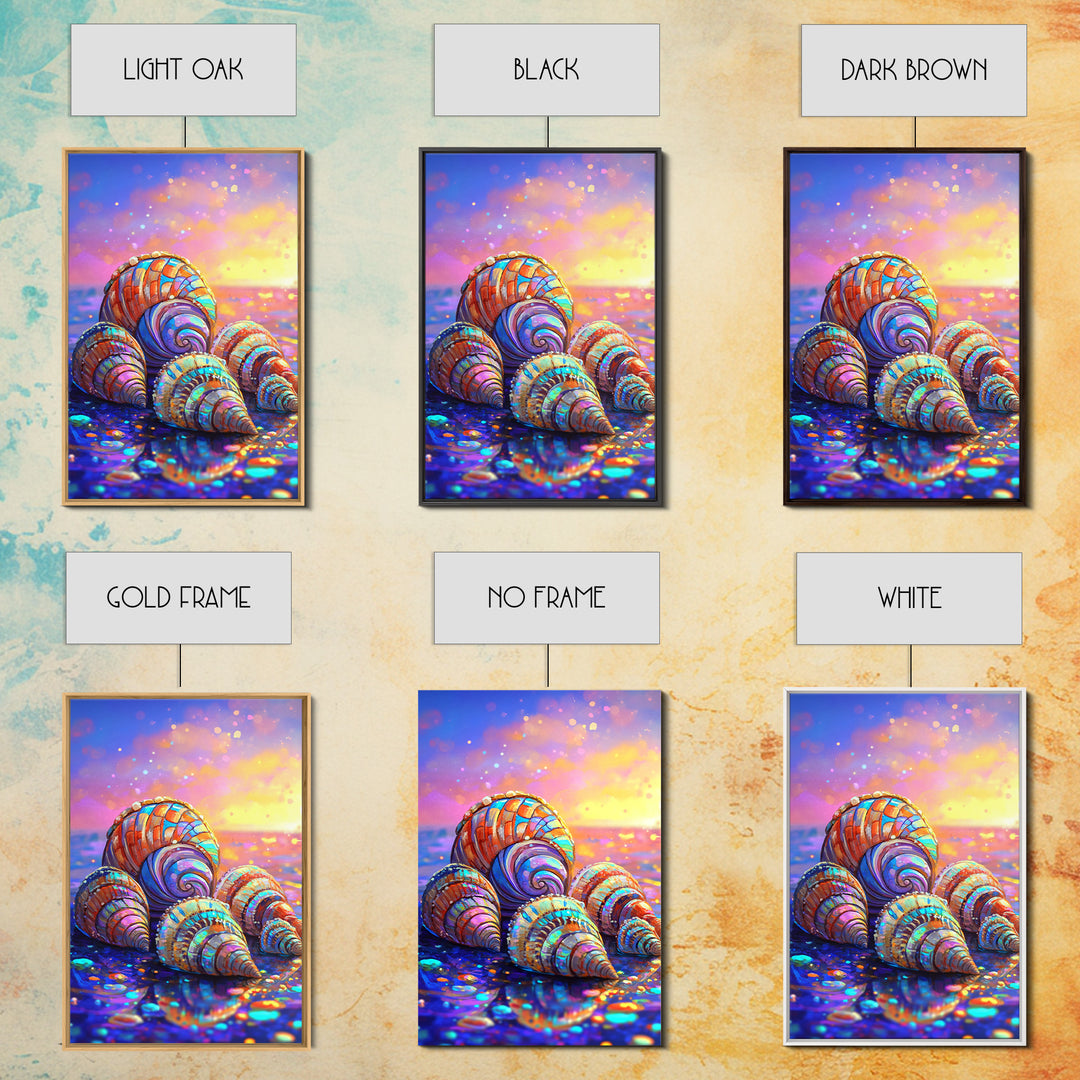 Rainbow Seashells On Sunset Shore Canvas Print, Coastal Wall Art, Beach House Decor, Ocean Wall Decor, Summer Gift For Her