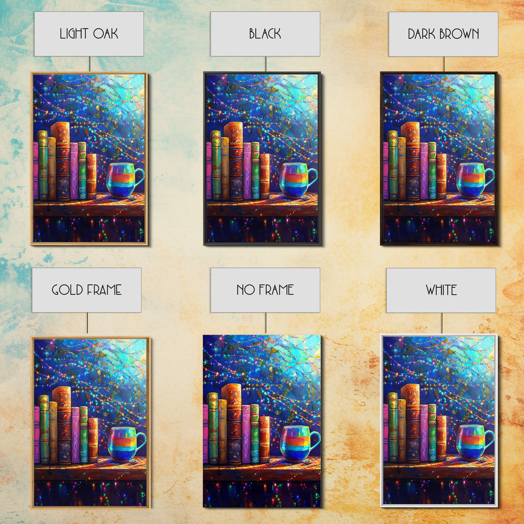 Cozy Books And Rainbow Mug Wall Art, Bookish Library Canvas Print, Reading Nook Decor, Gift For Book Lover, Cozy Home Decor