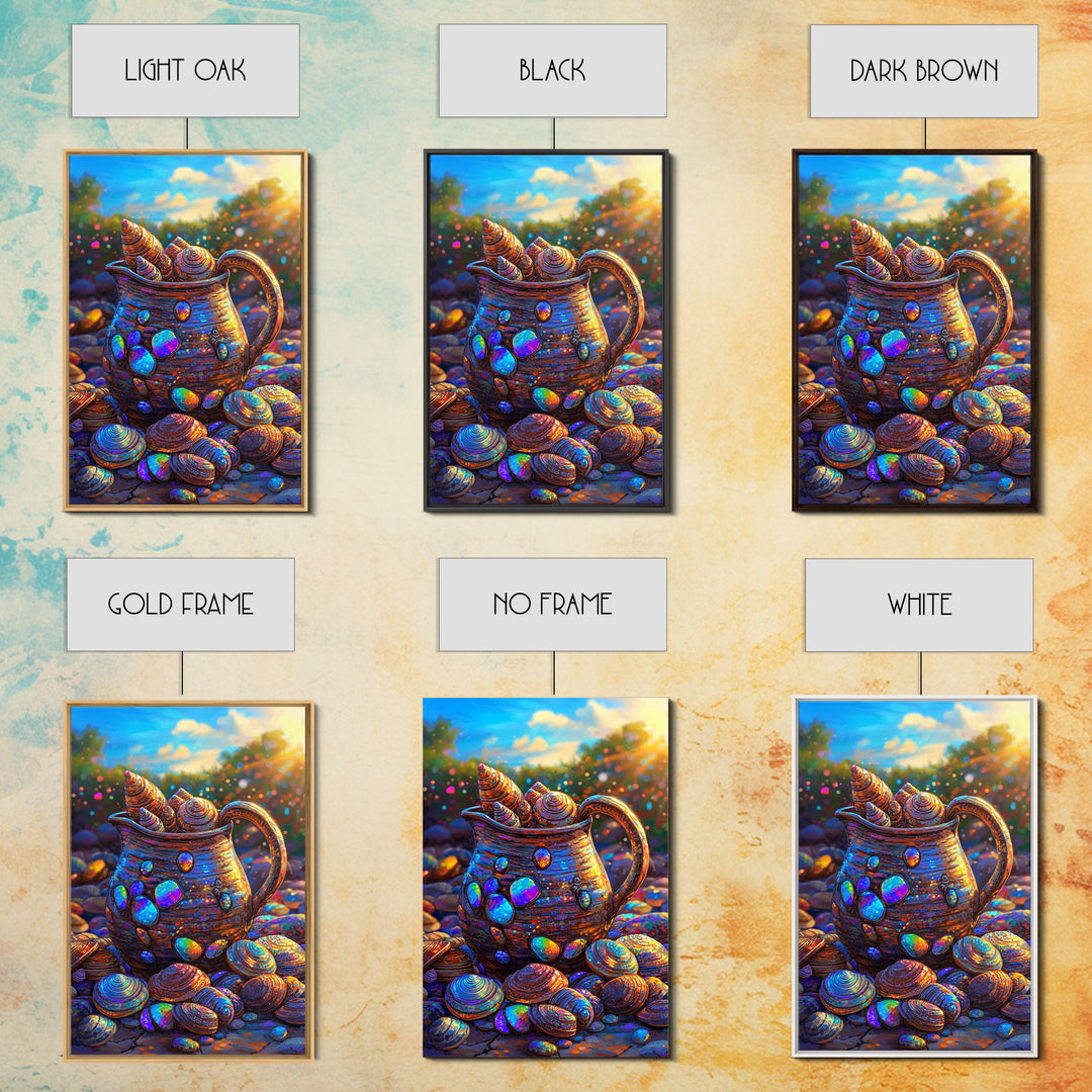 Iridescent Seashell Pitcher On Pebble Shore Wall Art, Coastal Canvas Print, Beach House Decor, Nautical Art For Living Room