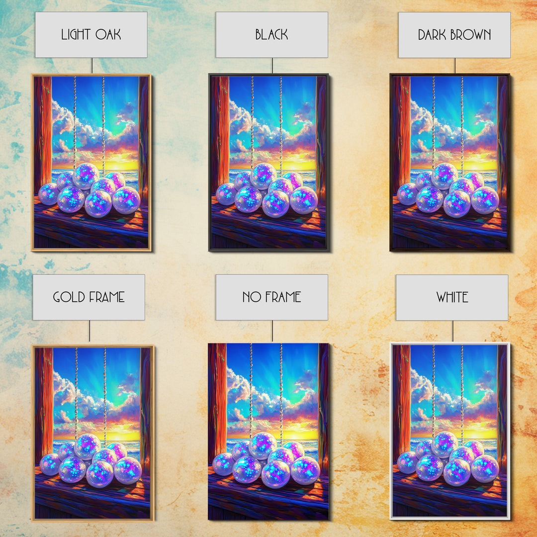Glowing Pearl Swing At Ocean Sunset Wall Art, Coastal Canvas Print, Whimsical Beach Decor, Dreamy Seascape Art Print For Bedroom Decor