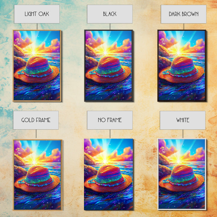 Vibrant Straw Hat Floating On Ocean Sunset Canvas Print, Tropical Beach Wall Art, Coastal Decor, Summer Vacation Gift For Her
