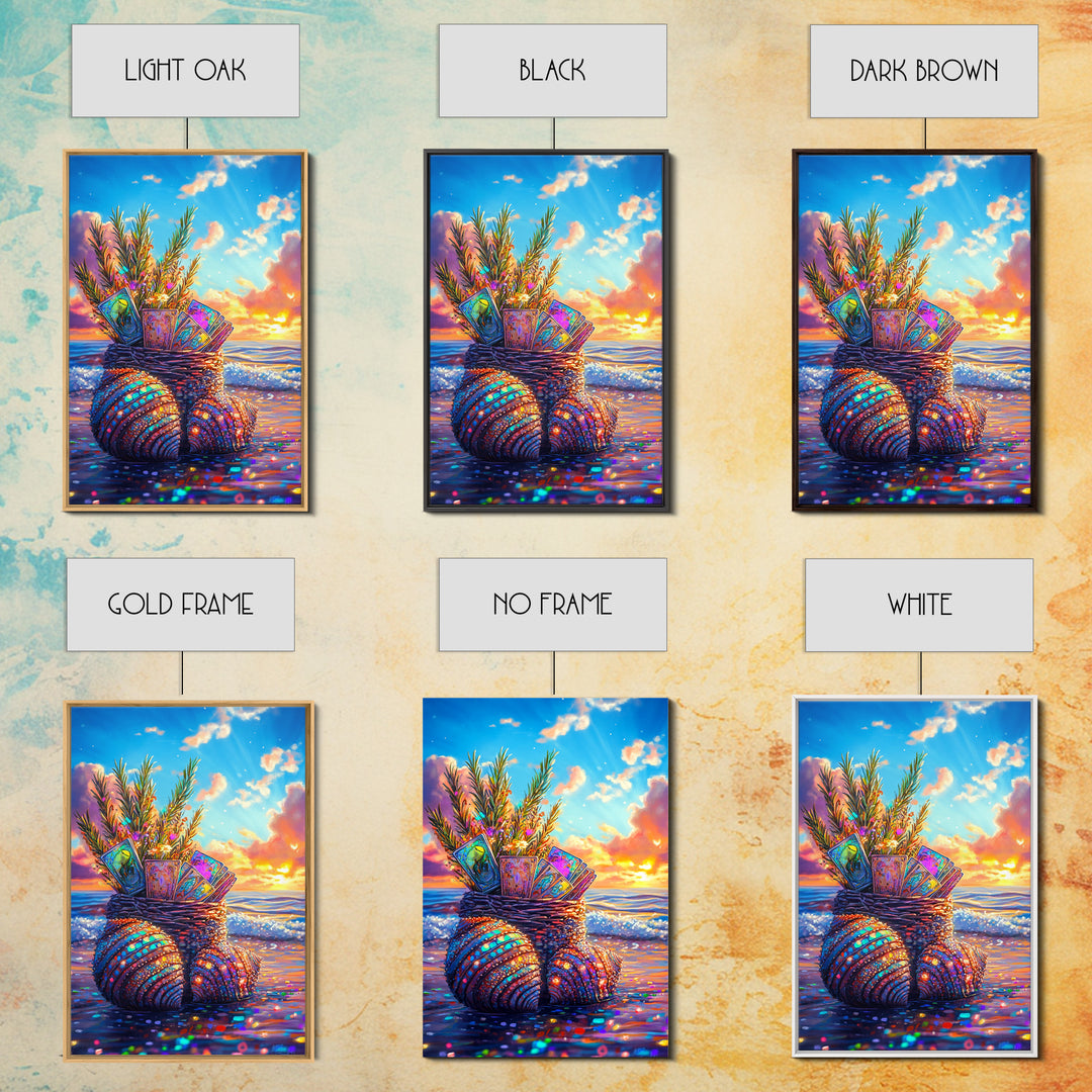 Seashell Basket With Tarot Cards At Sunset Framed Canvas Print, Coastal Wall Art, Beach House Decor, Boho Gift For Her Art