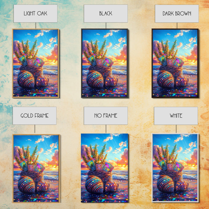 Seashell Basket With Tarot Cards At Sunset Framed Canvas Print, Coastal Wall Art, Beach House Decor, Boho Gift For Her Art