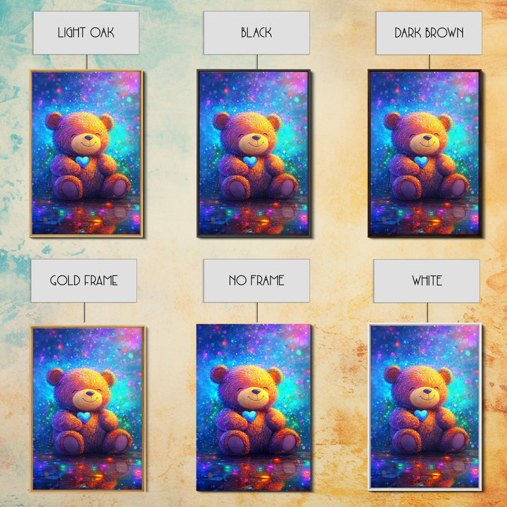 Smiling Teddy Bear With Blue Heart Wall Art, Colorful Nursery Decor, Cute Animal Art, Kids Room Canvas Print, Baby Gift Art