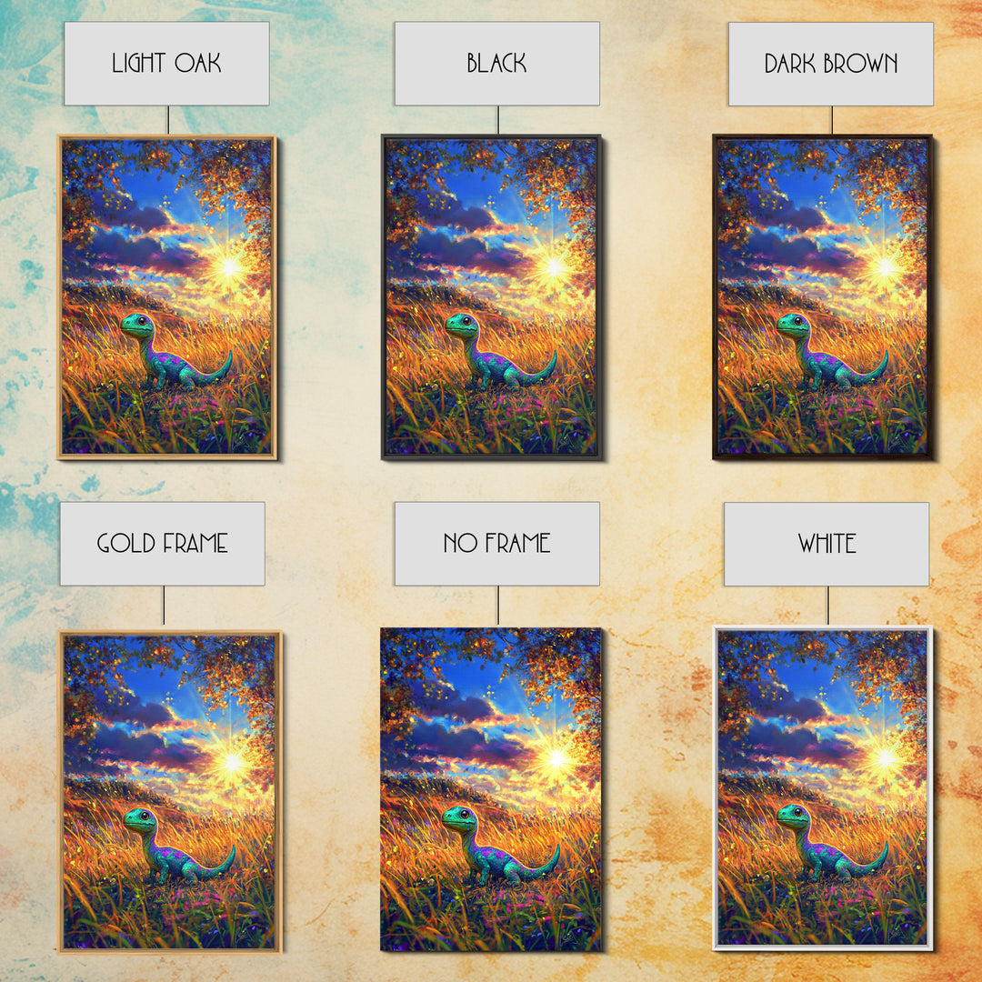 Cute Baby Dinosaur In Golden Meadow Wall Art, Colorful Safari Nursery Canvas Print, Whimsical Kids Room Decor, Unique Gift