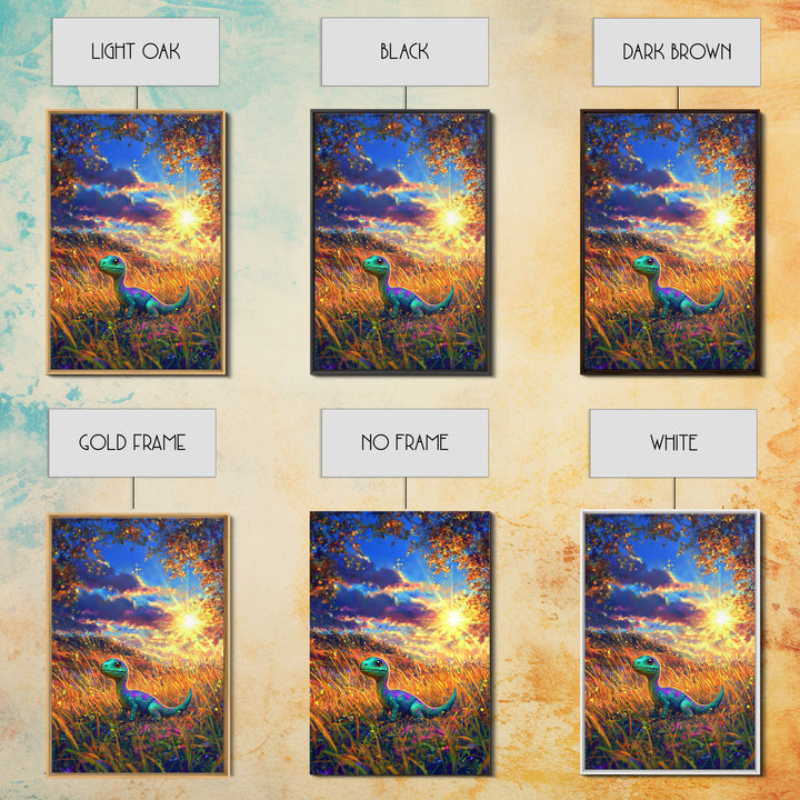 Cute Baby Dinosaur In Golden Meadow Wall Art, Colorful Safari Nursery Canvas Print, Whimsical Kids Room Decor, Unique Gift