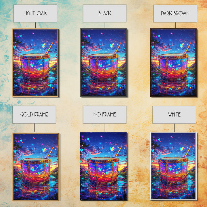 Glowing Drum With Butterflies At Sunset Wall Art, Colorful Music Studio Room Decor, Whimsical Canvas Print, Music Lover Gift
