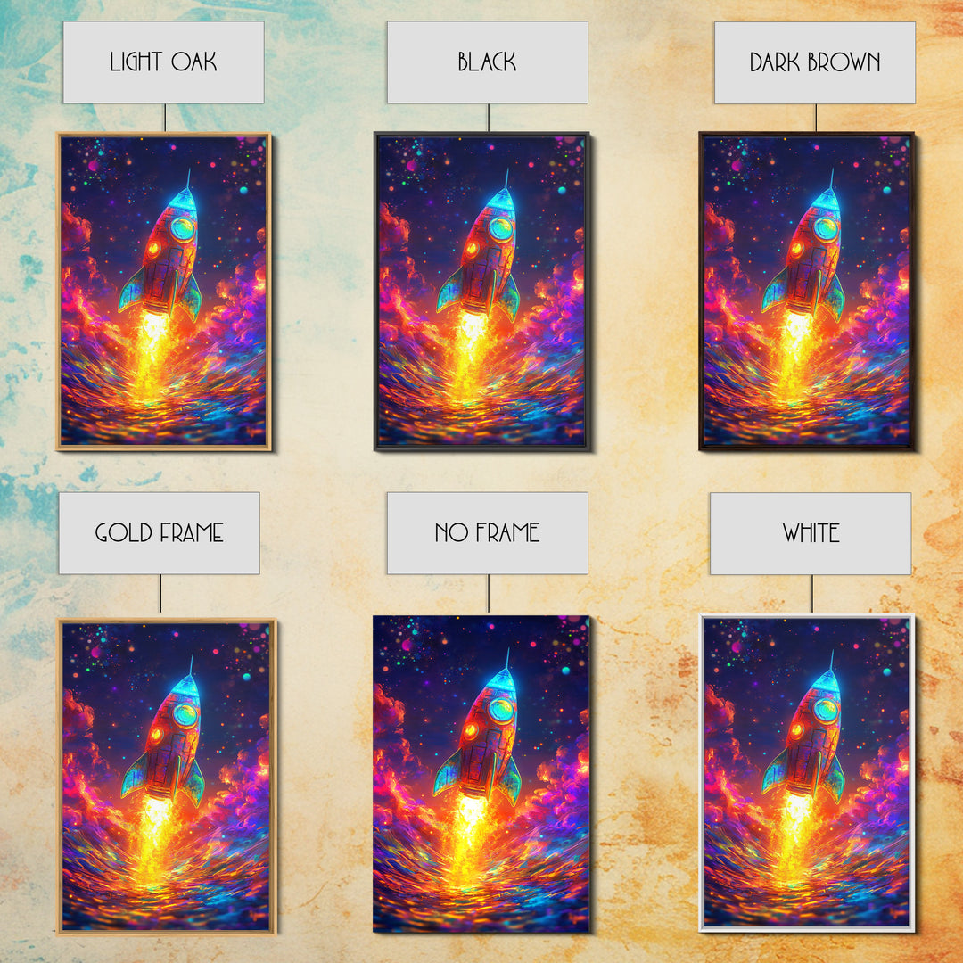 Neon Rocket Launch Over Ocean Wall Art, Colorful Space Decor, Sci Fi Art Print, Futuristic Nursery And Kids Game Room Gift