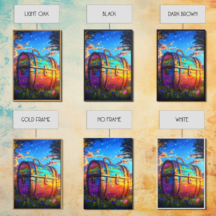 Rainbow Treasure Chest In Meadow At Sunset Framed Canvas Print, Fantasy Wall Art, Whimsical Decor, Celestial Kids Room Art