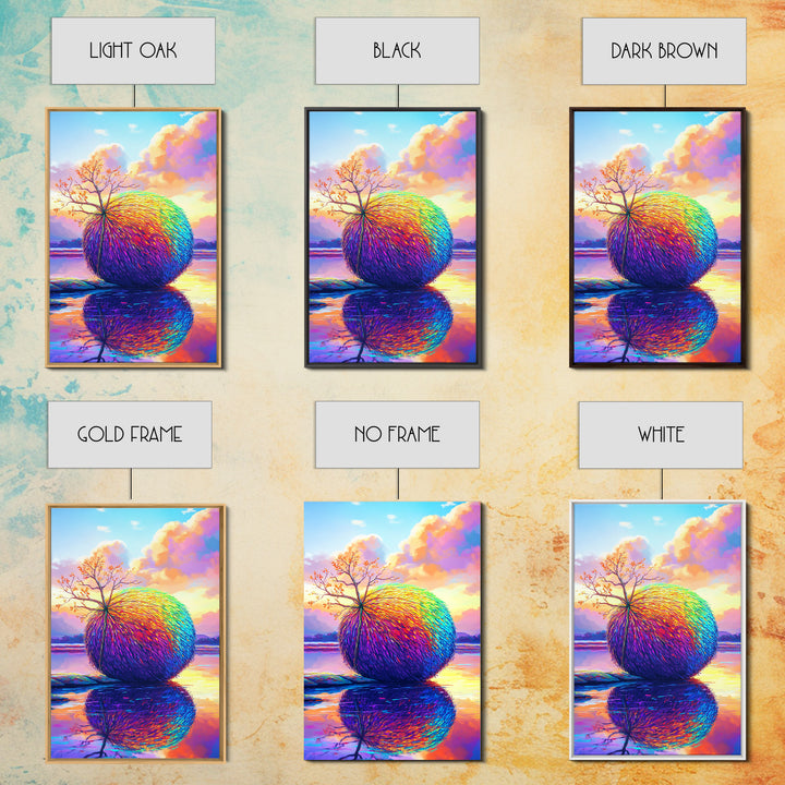 Rainbow Sphere Tree Beside Reflective Lake Wall Art, Surreal Landscape Art, Colorful Nature Decor, Modern Canvas Wall Art