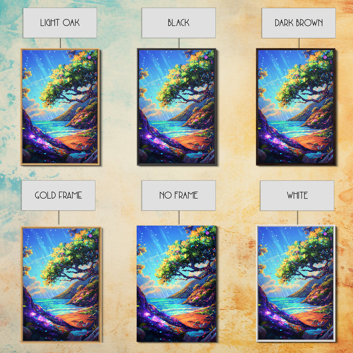 Sunlit Coastal Cove And Tree Wall Art, Vibrant Ocean Landscape Art Print, Tropical Beach House Decor, Large Canvas Print