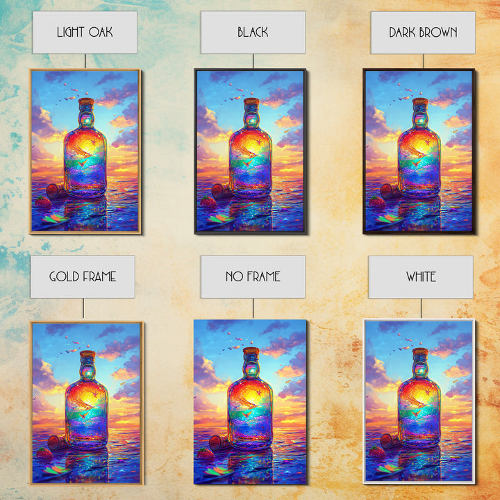 Sunset Ocean In Glass Bottle Wall Art, Surreal Seascape Art Print, Coastal Beach House Decor, Whimsical Canvas Print Gift