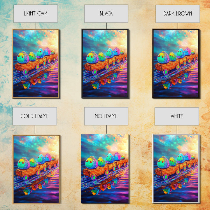 Smiling Rainbow Egg Train Canvas Print, Whimsical Kids Room Wall Art, Colorful Nursery Decor, Cute Playroom Art, Baby Shower Gift
