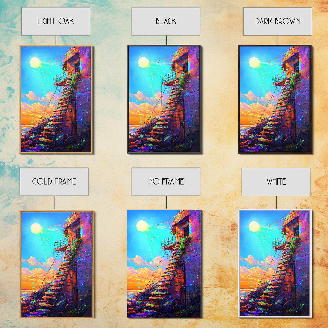 Sunlit Stone Stairway By The Sea Canvas Print, Coastal Wall Art, Mediterranean Landscape, Sunset Travel Home Decor Gift For Her