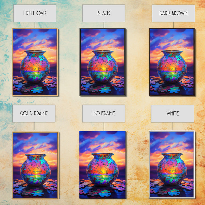 Puzzle Piece Vase With Ocean Sunset Canvas Print, Colorful Wall Art, Whimsical Seascape, Living Room Coastal Home Decor Gift